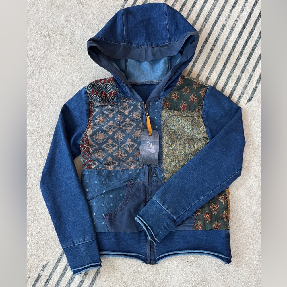 NEW Patchwork Denim Hoodie Jacket XS | Boho Upcycled Quilted Zip Hoodie INK